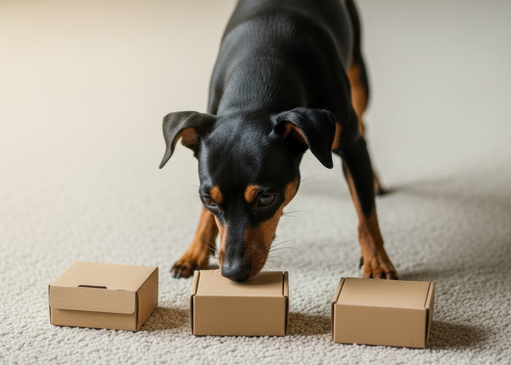 Pies wącha trzy małe pudełka ustawione na dywanie; jedno z nich zawiera smakołyk 