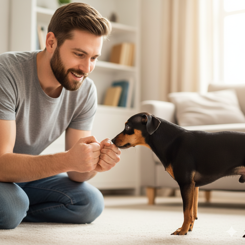 Opiekun klęczy przed psem i trzyma zaciśnięte pięści, pies próbuje wywęszyć w której jest smakołyk
