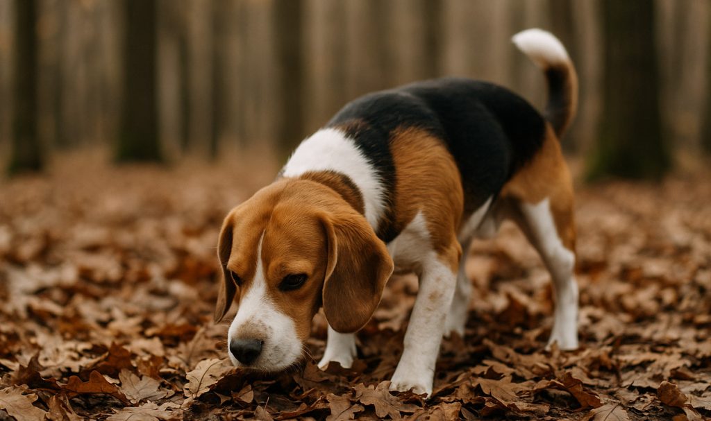 Pies węszący w jesiennych liściach