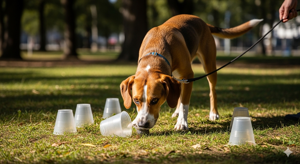Pies rasy mieszanej o brązowej sierści z białą klatką piersiową, nosem i łapami, węszy pod przewróconym, przezroczystym kubkiem w trawie.