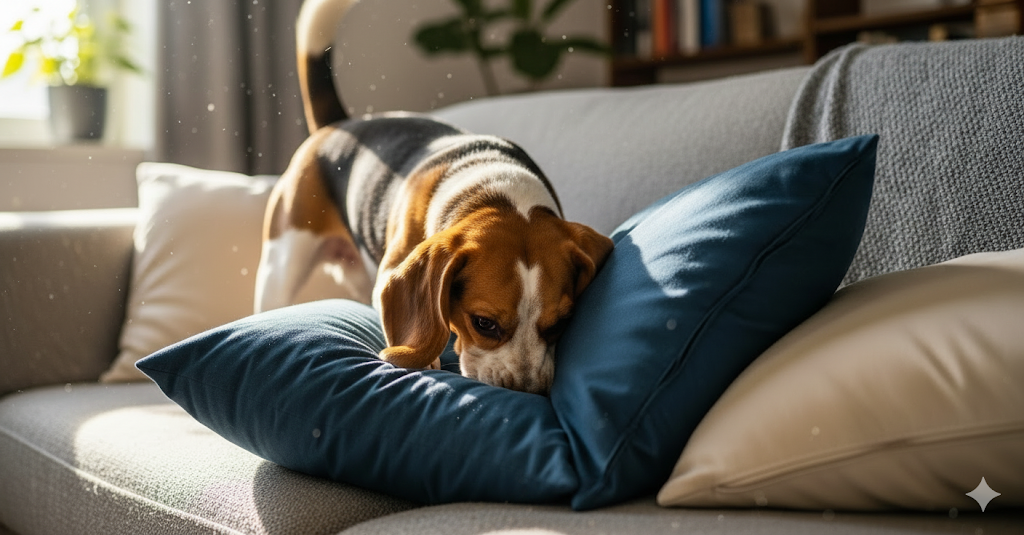 Pies szuka smakołyków ukrytych między poduszkami na sofie