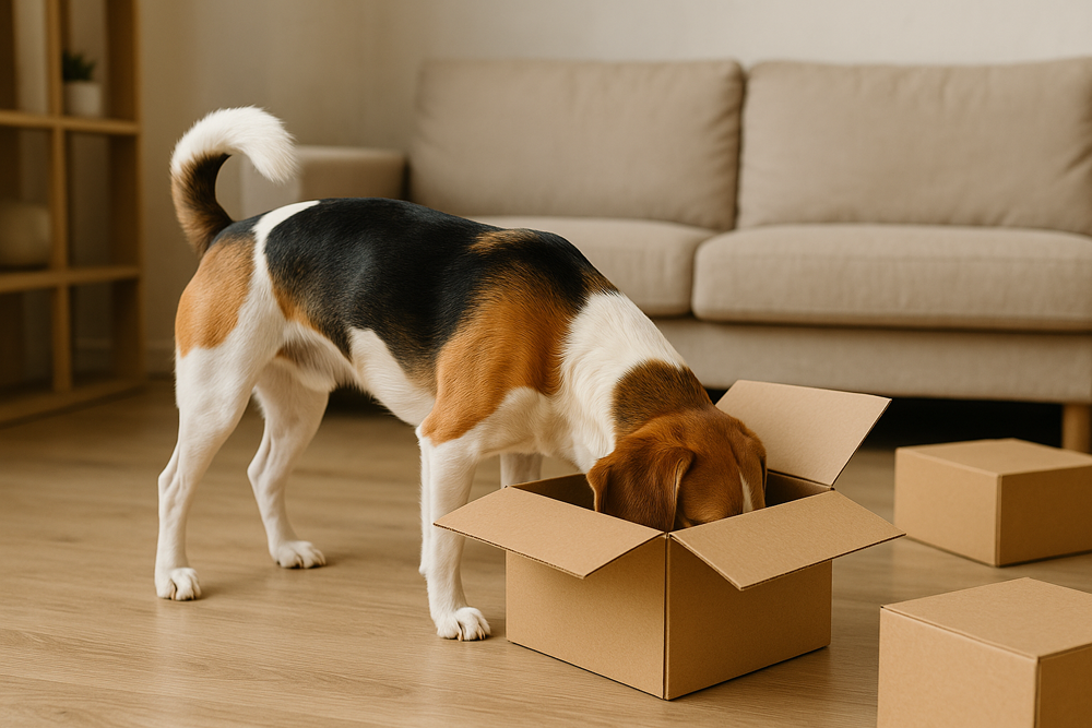 Pies z nosem w kartonowym pudle