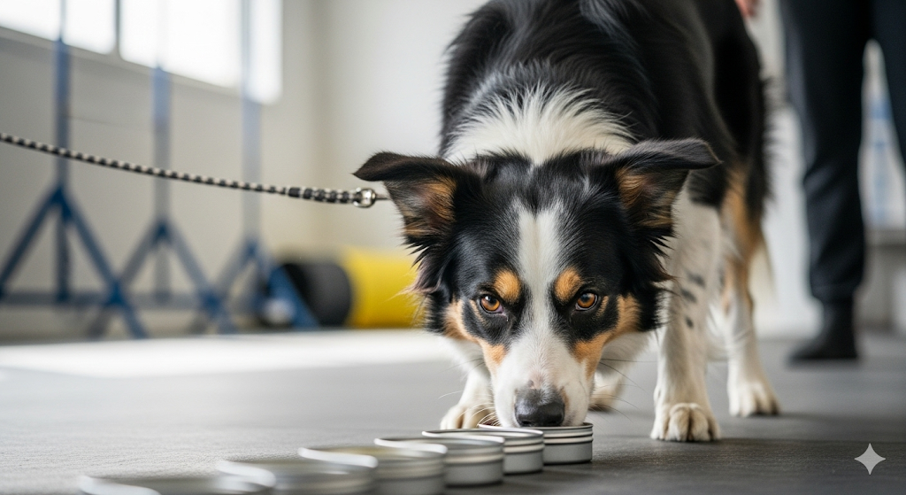 Pies w trakcie treningu węchowego, w skupieniu węszy metalowe puszki, szukając ukrytego zapachu.